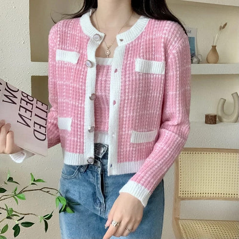 Check Knitted Cardigan With Crop Tang Top